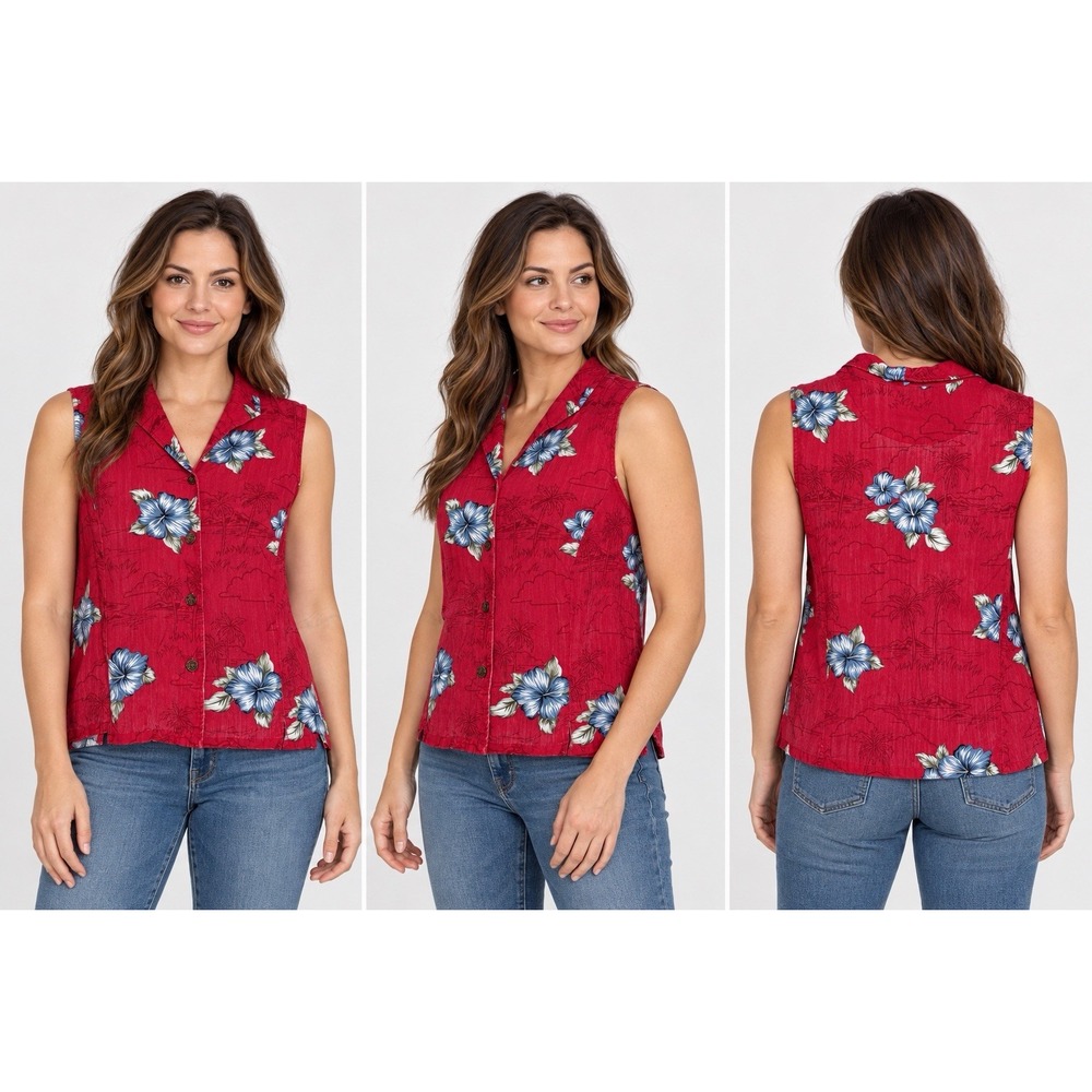 Caribbean Joe Women's Large Red Hibiscus Hawaiin Sleeveless Rayon Shirt Beach